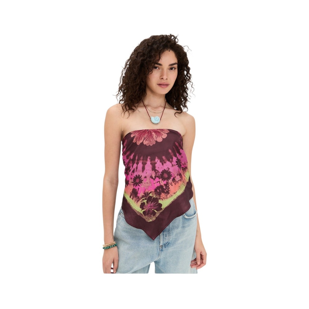Free People Purple Floral Tie Dye Smocked Handkerchief Strapless Tube Top M